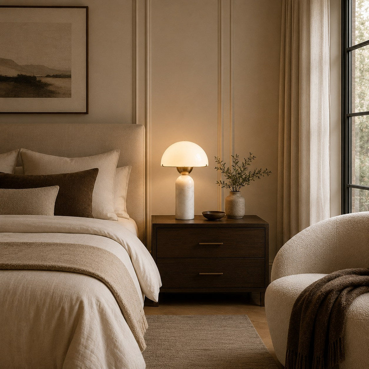 Modern Table Lamp — Marble Base, Dome Shade, LED Compatible