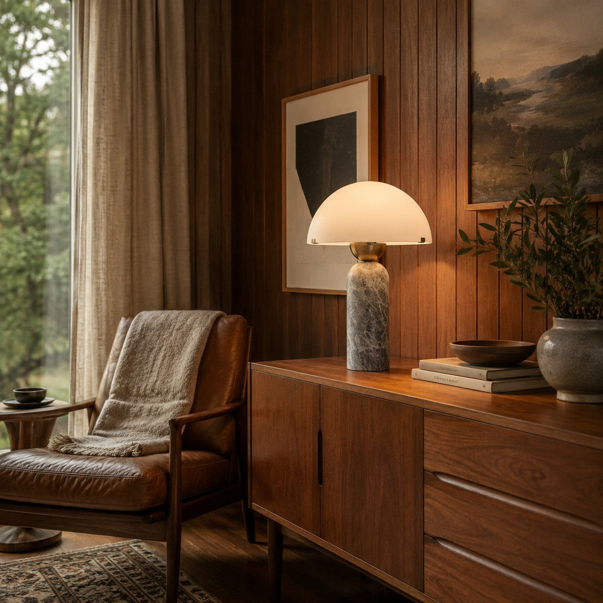 Modern Table Lamp — Marble Base, Dome Shade, LED Compatible