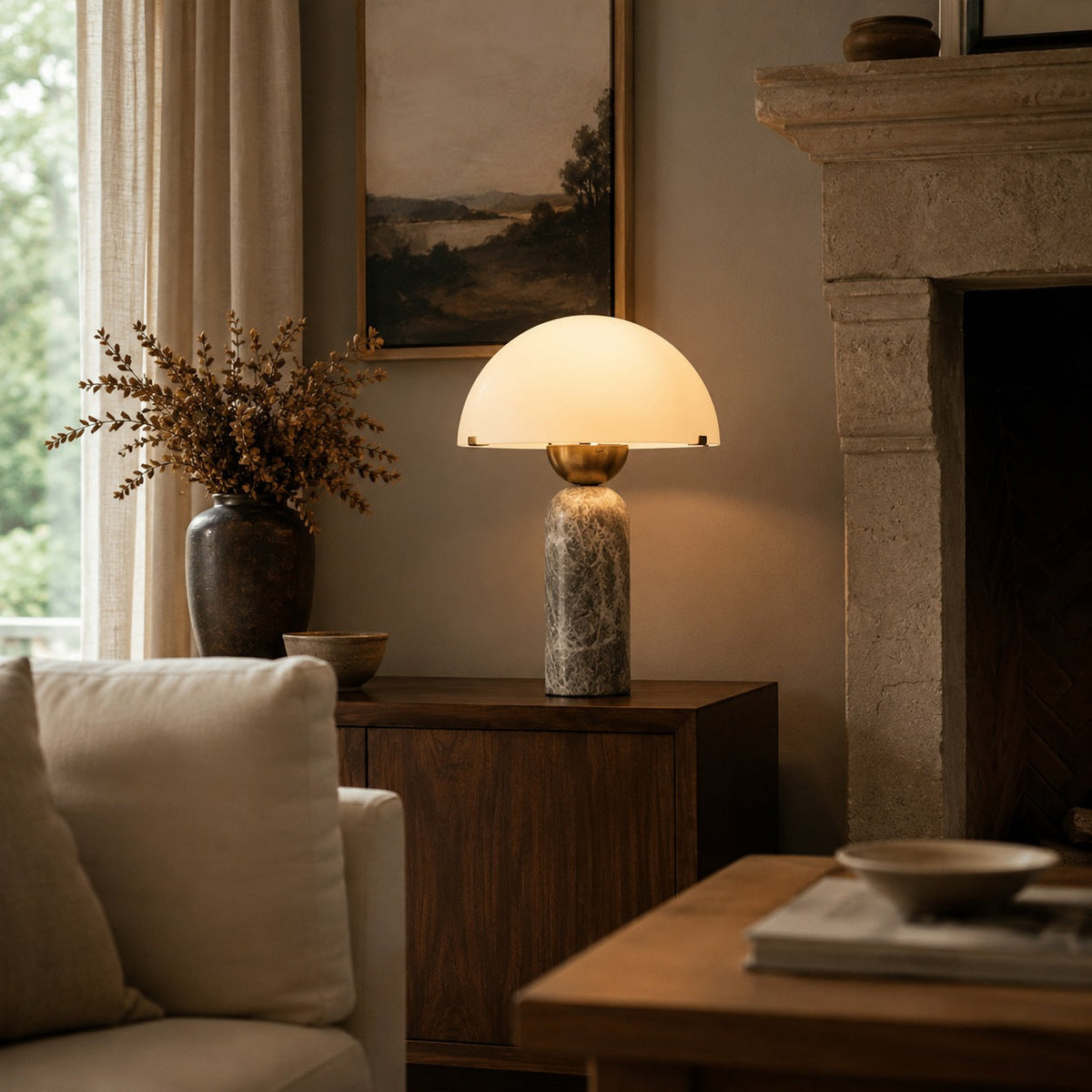 Modern Table Lamp — Marble Base, Dome Shade, LED Compatible