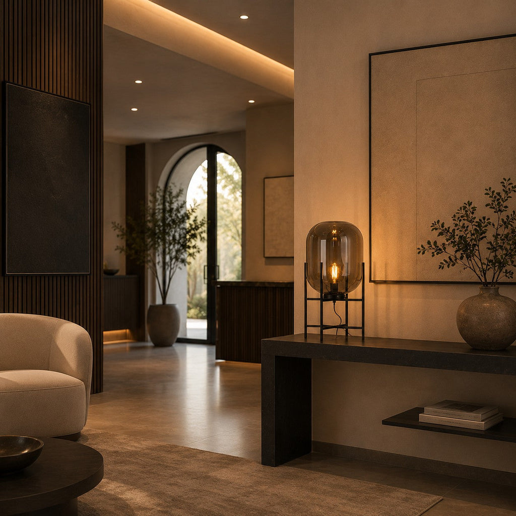 Modern Table Lamp, Hand-Blown Glass Shade Diffuser, Metal Base Frame, LED Compatible Socket Housing