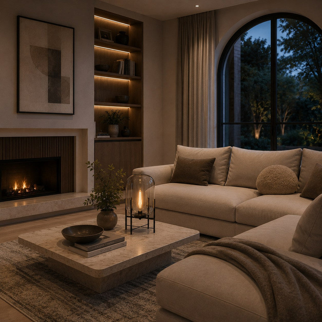 Modern Table Lamp, Hand-Blown Glass Shade Diffuser, Metal Base Frame, LED Compatible Socket Housing