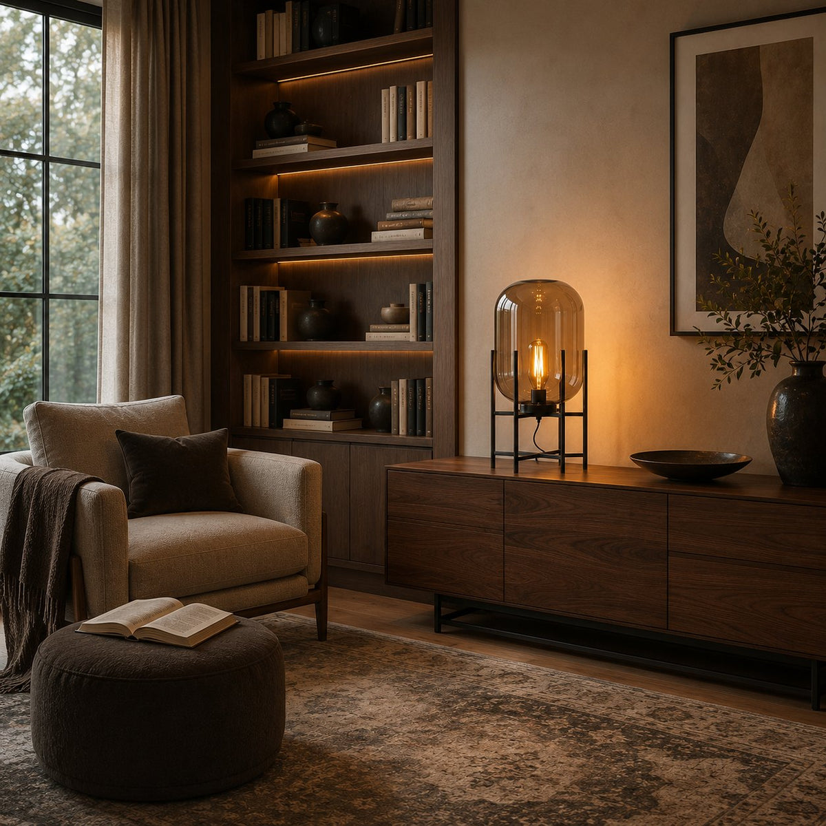 Modern Table Lamp, Hand-Blown Glass Shade Diffuser, Metal Base Frame, LED Compatible Socket Housing