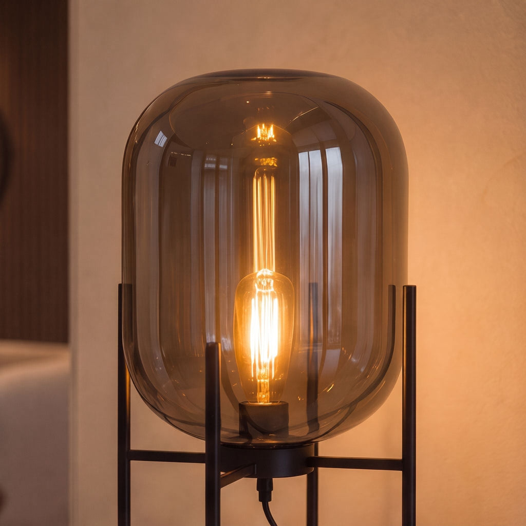Modern Table Lamp, Hand-Blown Glass Shade Diffuser, Metal Base Frame, LED Compatible Socket Housing