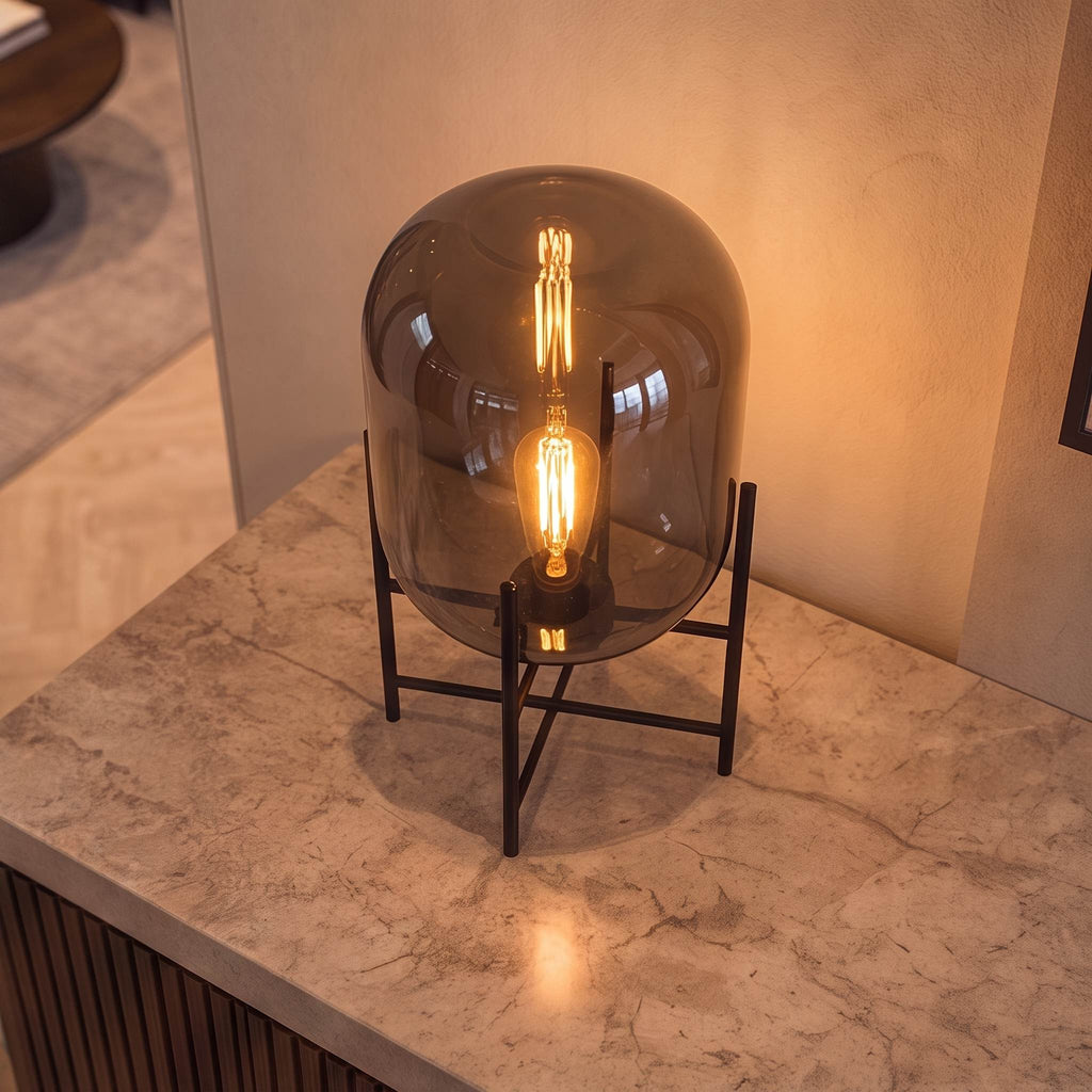 Modern Table Lamp, Hand-Blown Glass Shade Diffuser, Metal Base Frame, LED Compatible Socket Housing