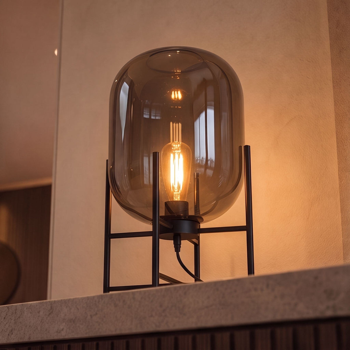 Modern Table Lamp, Hand-Blown Glass Shade Diffuser, Metal Base Frame, LED Compatible Socket Housing