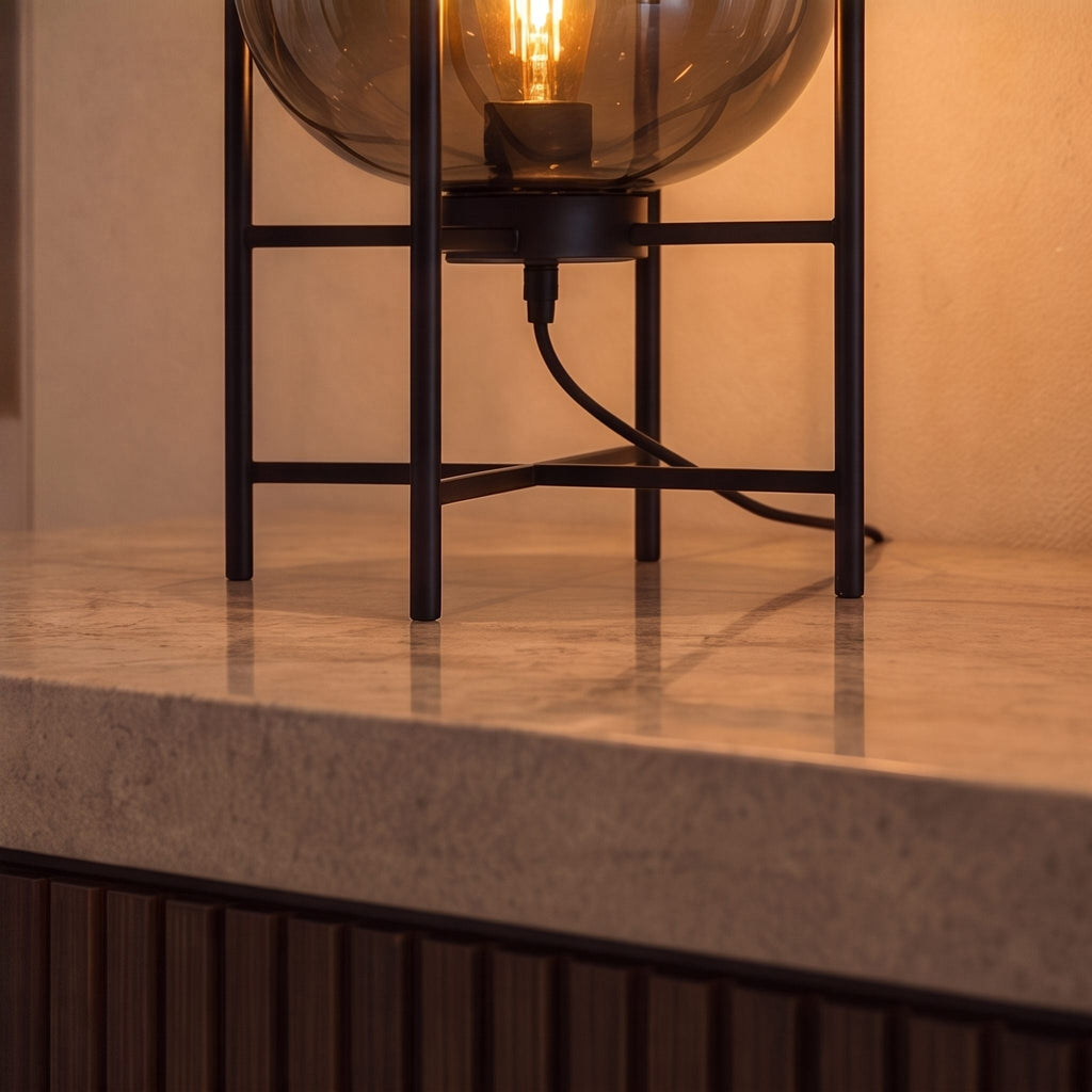 Modern Table Lamp, Hand-Blown Glass Shade Diffuser, Metal Base Frame, LED Compatible Socket Housing