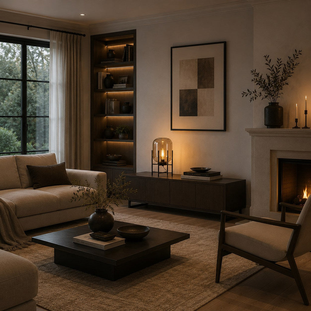 Modern Table Lamp, Hand-Blown Glass Shade Diffuser, Metal Base Frame, LED Compatible Socket Housing