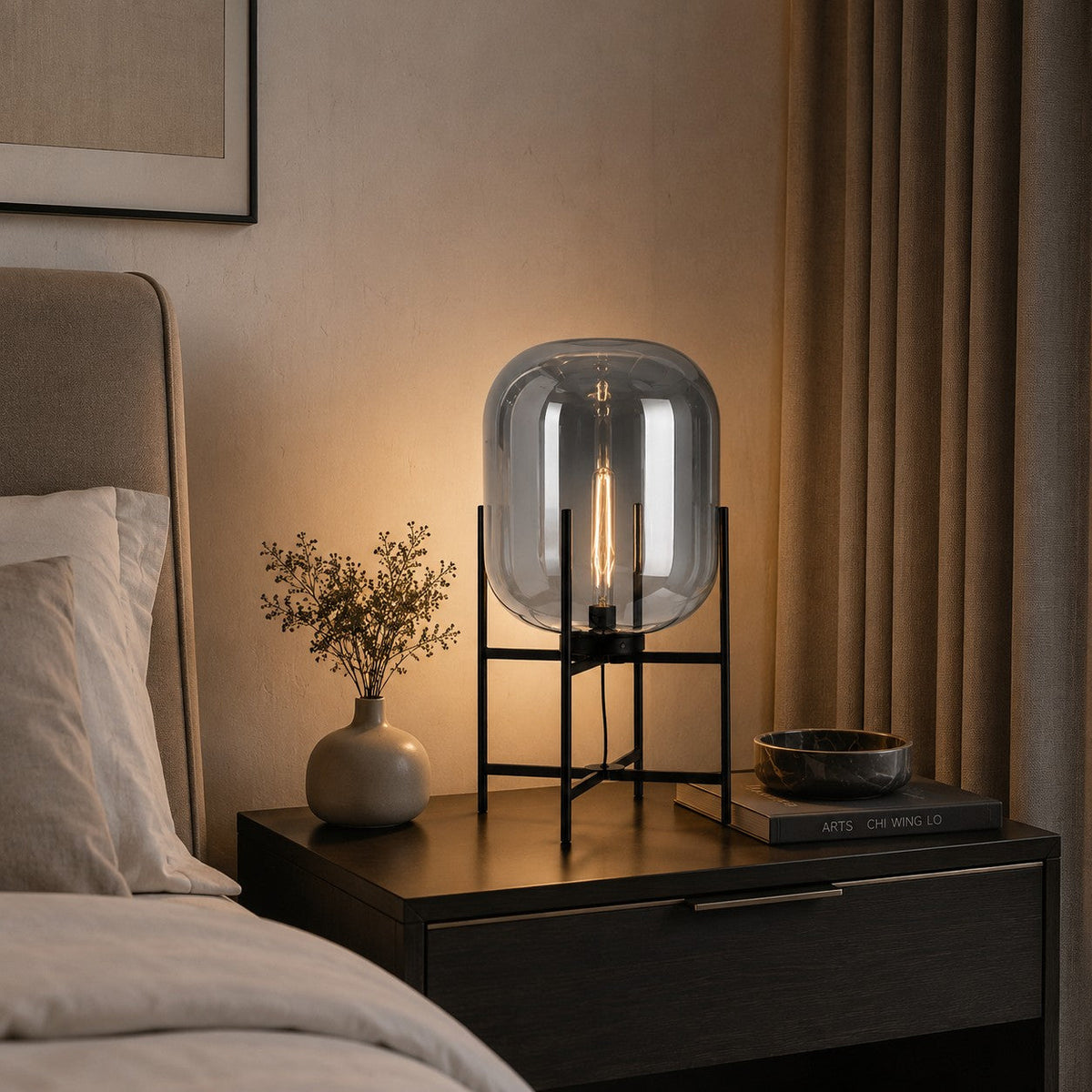 Modern Table Lamp, Hand-Blown Glass Shade Diffuser, Metal Base Frame, LED Compatible Socket Housing