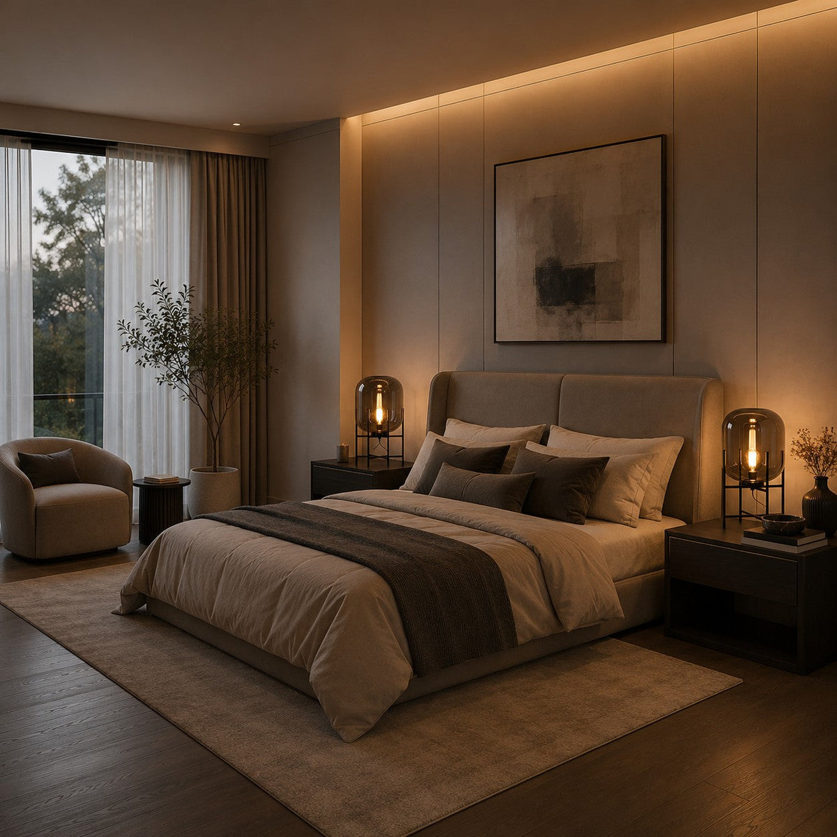 Modern Table Lamp, Hand-Blown Glass Shade Diffuser, Metal Base Frame, LED Compatible Socket Housing