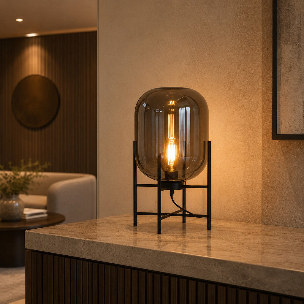 Modern Table Lamp, Hand-Blown Glass Shade Diffuser, Metal Base Frame, LED Compatible Socket Housing