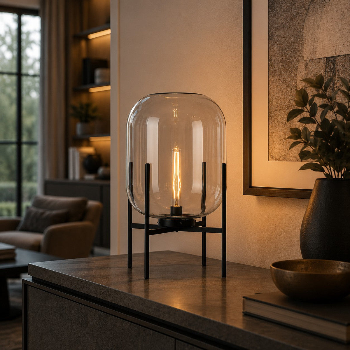 Modern Table Lamp, Hand-Blown Glass Shade Diffuser, Metal Base Frame, LED Compatible Socket Housing