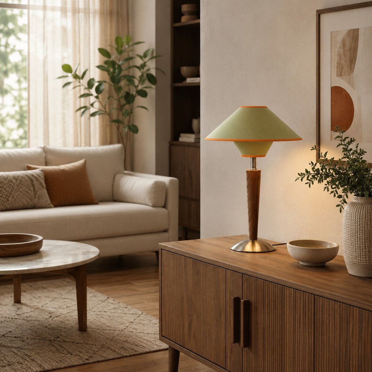 Modern Table Lamp — Wooden Base, Fabric Shade, 40W E26/E27, Plug-In Adjustable Dimmable