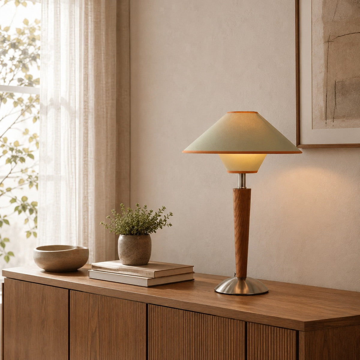 Modern Table Lamp — Wooden Base, Fabric Shade, 40W E26/E27, Plug-In Adjustable Dimmable