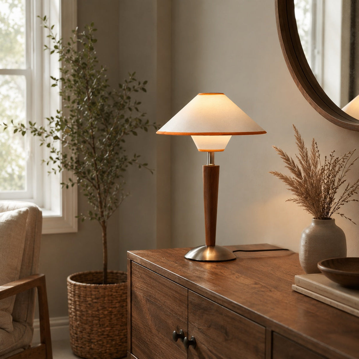 Modern Table Lamp — Wooden Base, Fabric Shade, 40W E26/E27, Plug-In Adjustable Dimmable