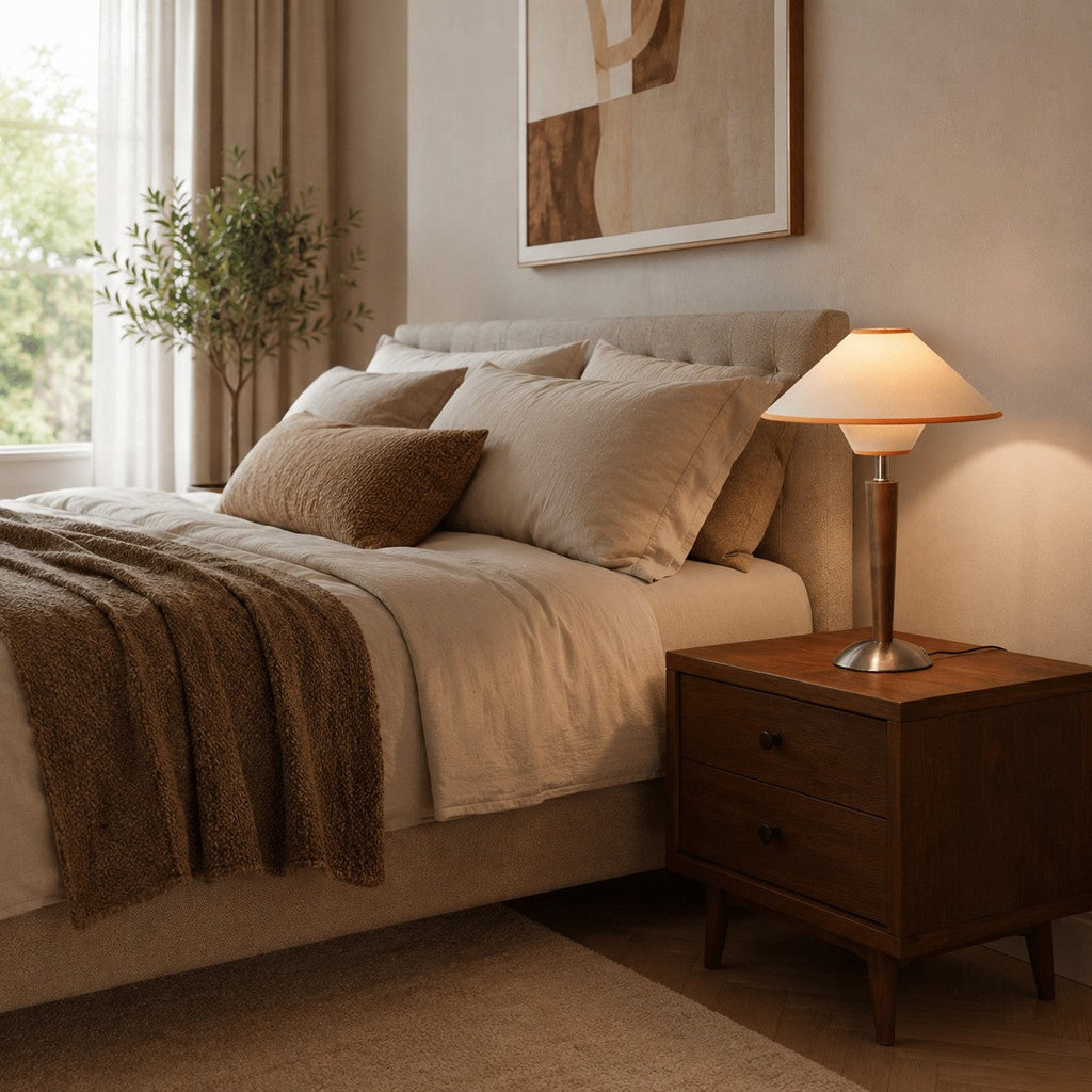 Modern Table Lamp — Wooden Base, Fabric Shade, 40W E26/E27, Plug-In Adjustable Dimmable