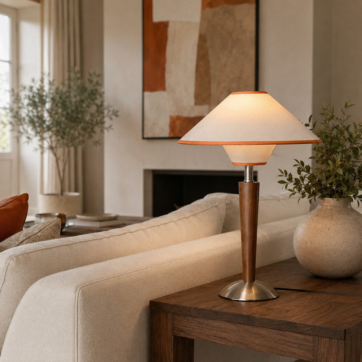 Modern Table Lamp — Wooden Base, Fabric Shade, 40W E26/E27, Plug-In Adjustable Dimmable