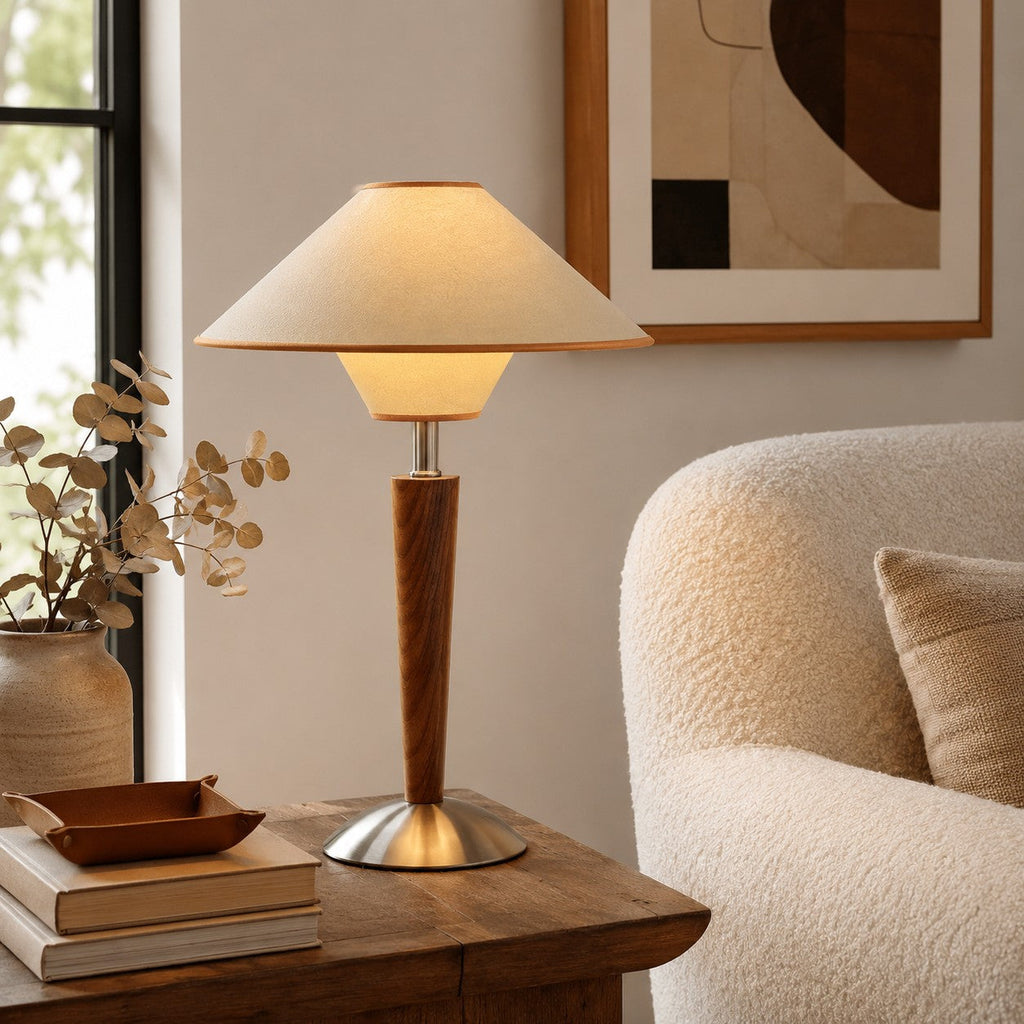 Modern Table Lamp — Wooden Base, Fabric Shade, 40W E26/E27, Plug-In Adjustable Dimmable
