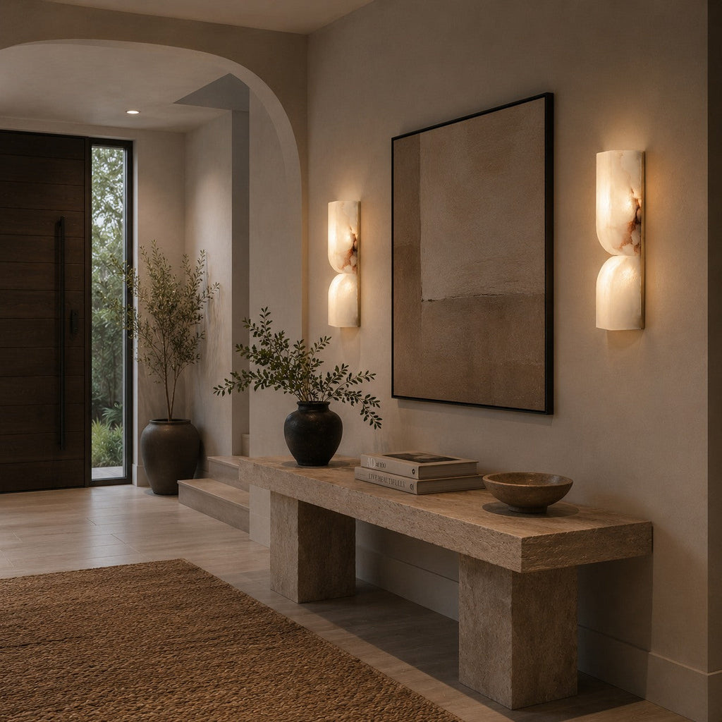 Modern vägglampa i alabaster — koppardetaljer, varm LED-belysning med stämningsljus