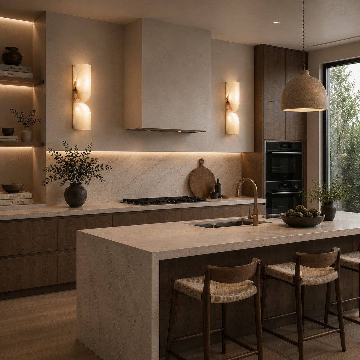 Modern vägglampa i alabaster — koppardetaljer, varm LED-belysning med stämningsljus