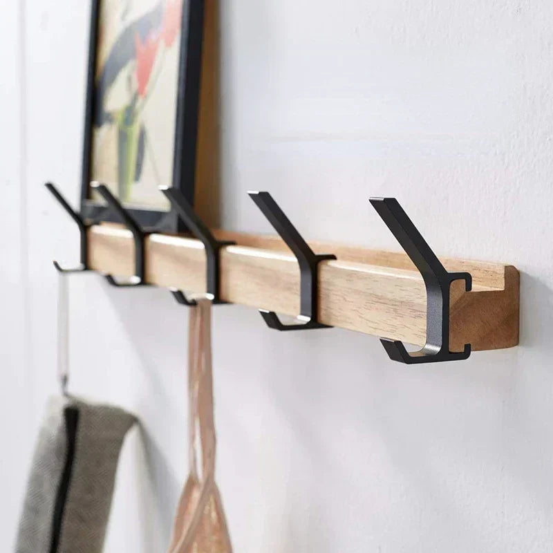 Scandinavian Wood and Metal Rack — 5 Movable Hooks, Wall-Mounted Frame, 40×7×7 cm