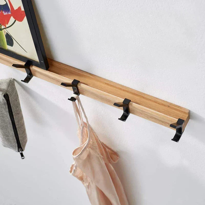 Scandinavian Wood and Metal Rack — 5 Movable Hooks, Wall-Mounted Frame, 40×7×7 cm