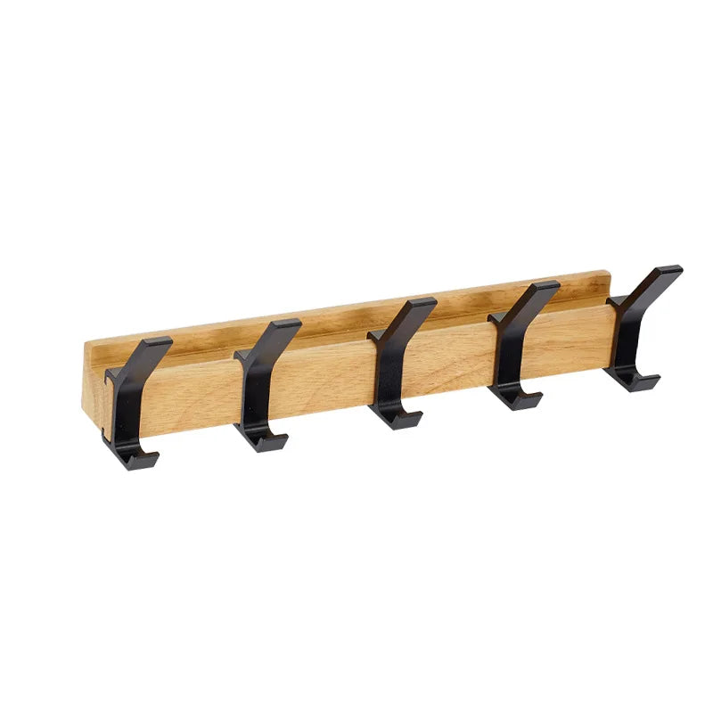 Scandinavian Wood and Metal Rack — 5 Movable Hooks, Wall-Mounted Frame, 40×7×7 cm