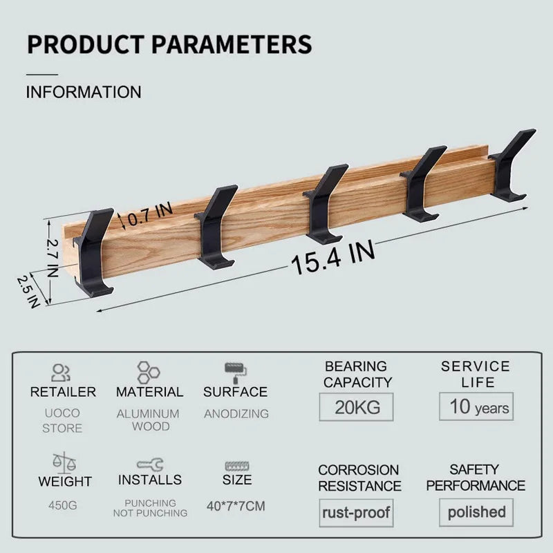 Scandinavian Wood and Metal Rack — 5 Movable Hooks, Wall-Mounted Frame, 40×7×7 cm