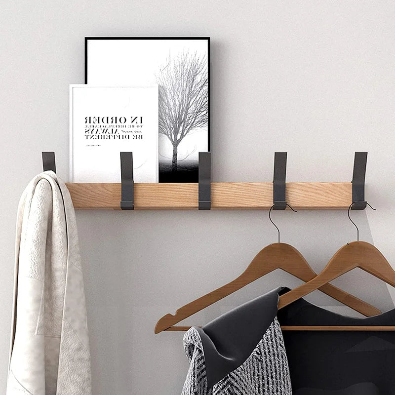 Scandinavian Wood and Metal Rack — 5 Movable Hooks, Wall-Mounted Frame, 40×7×7 cm