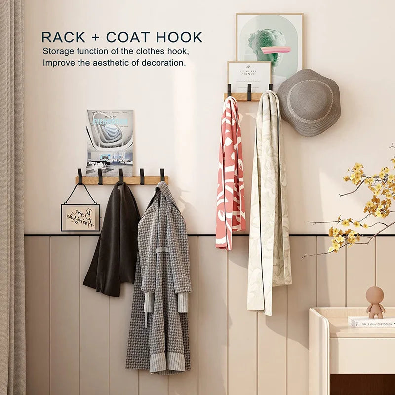 Scandinavian Wood and Metal Rack — 5 Movable Hooks, Wall-Mounted Frame, 40×7×7 cm
