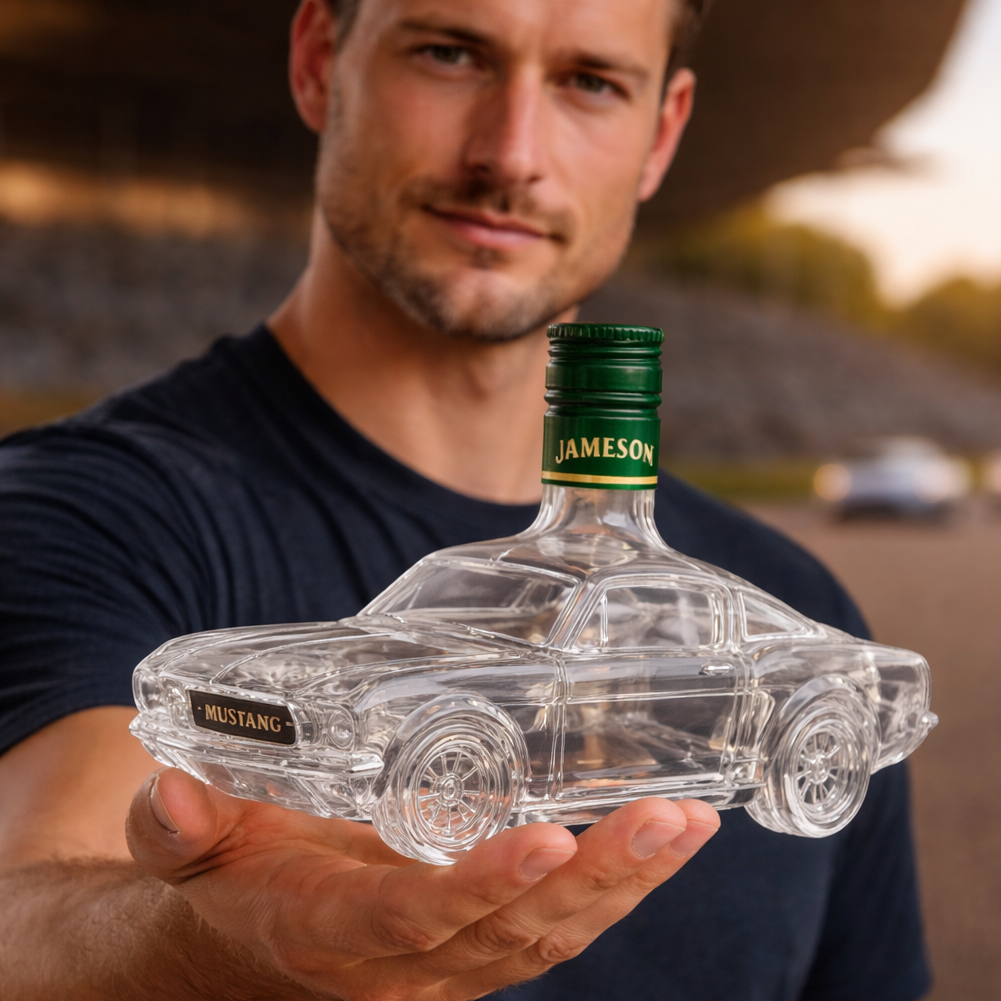 Handgemaakte glazen whiskykaraf - gevormd als de carrosserie van een Mustang