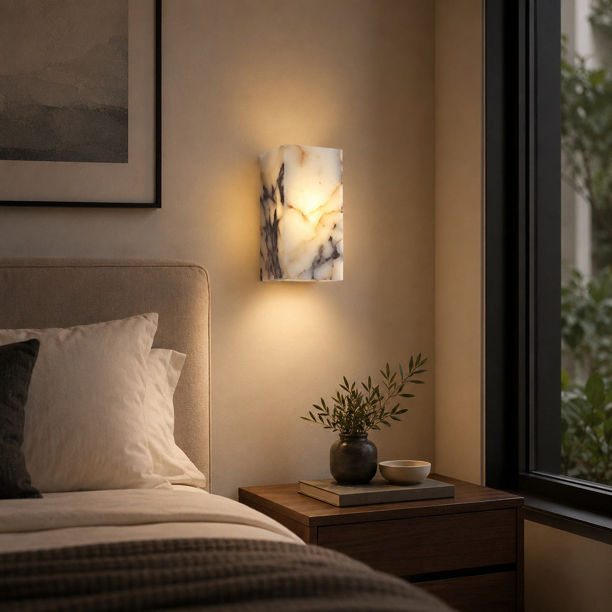 Vízálló, falra szerelhető kőhatású lámpa — természetes, minimalista LED-lámpatest, félhold alakú ív