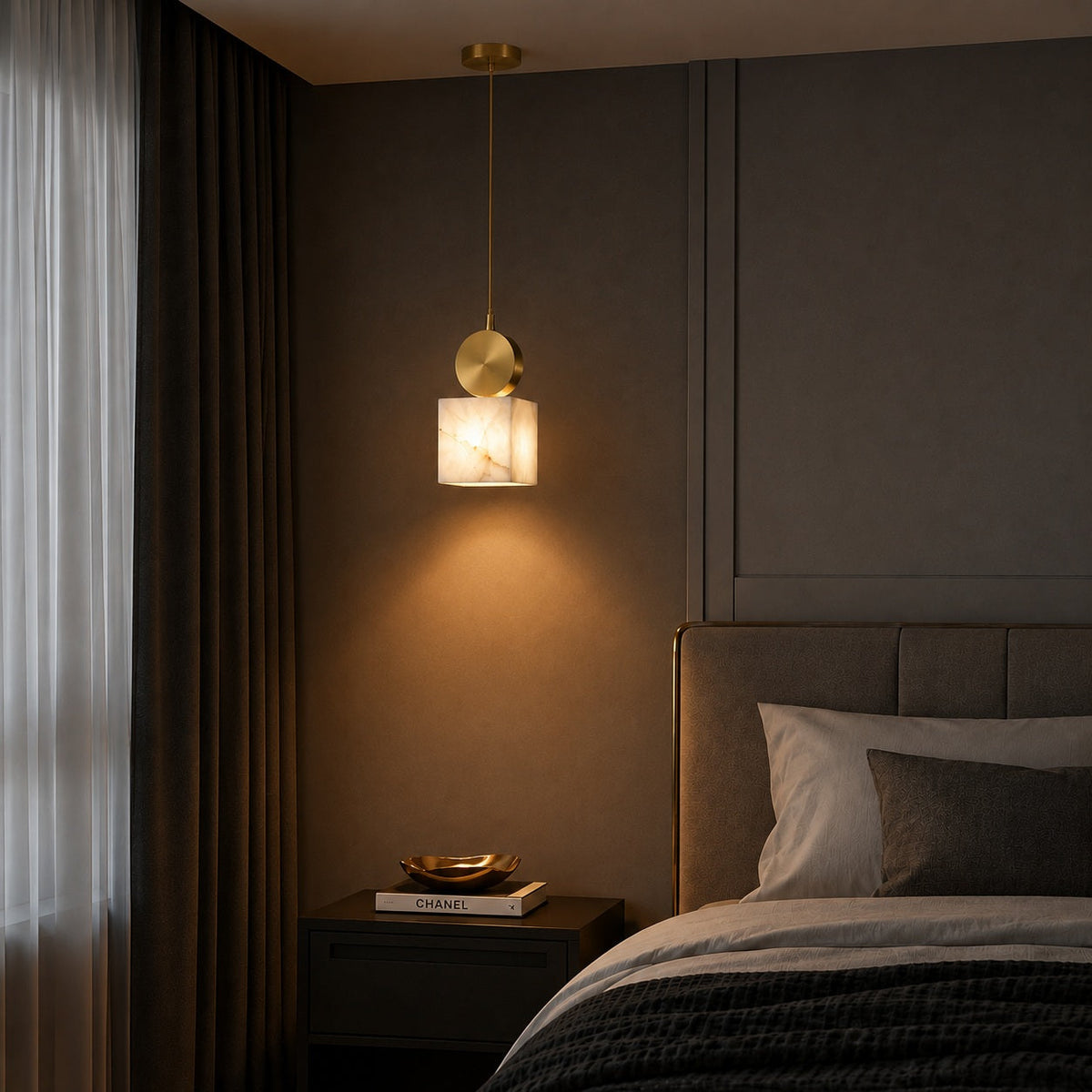 Nordisk pendel-loftslampe — justerbar højde, kobberstel, alabasterskærm, LED