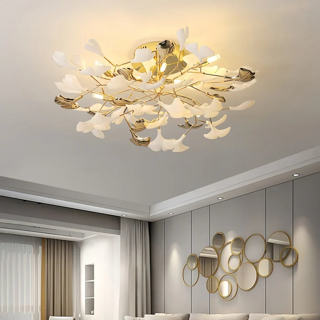 Luksuriøs ginkgo-loftslampe i messing og keramik til stuen, antirefleks | boxzora
