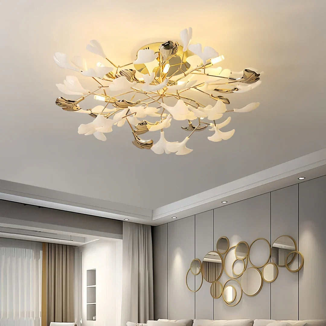 Luksuriøs ginkgo-loftslampe i messing og keramik til stuen, antirefleks | boxzora