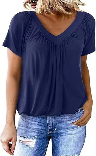 T-shirt col V & manches courtes – Couleur unie, féminité revisitée