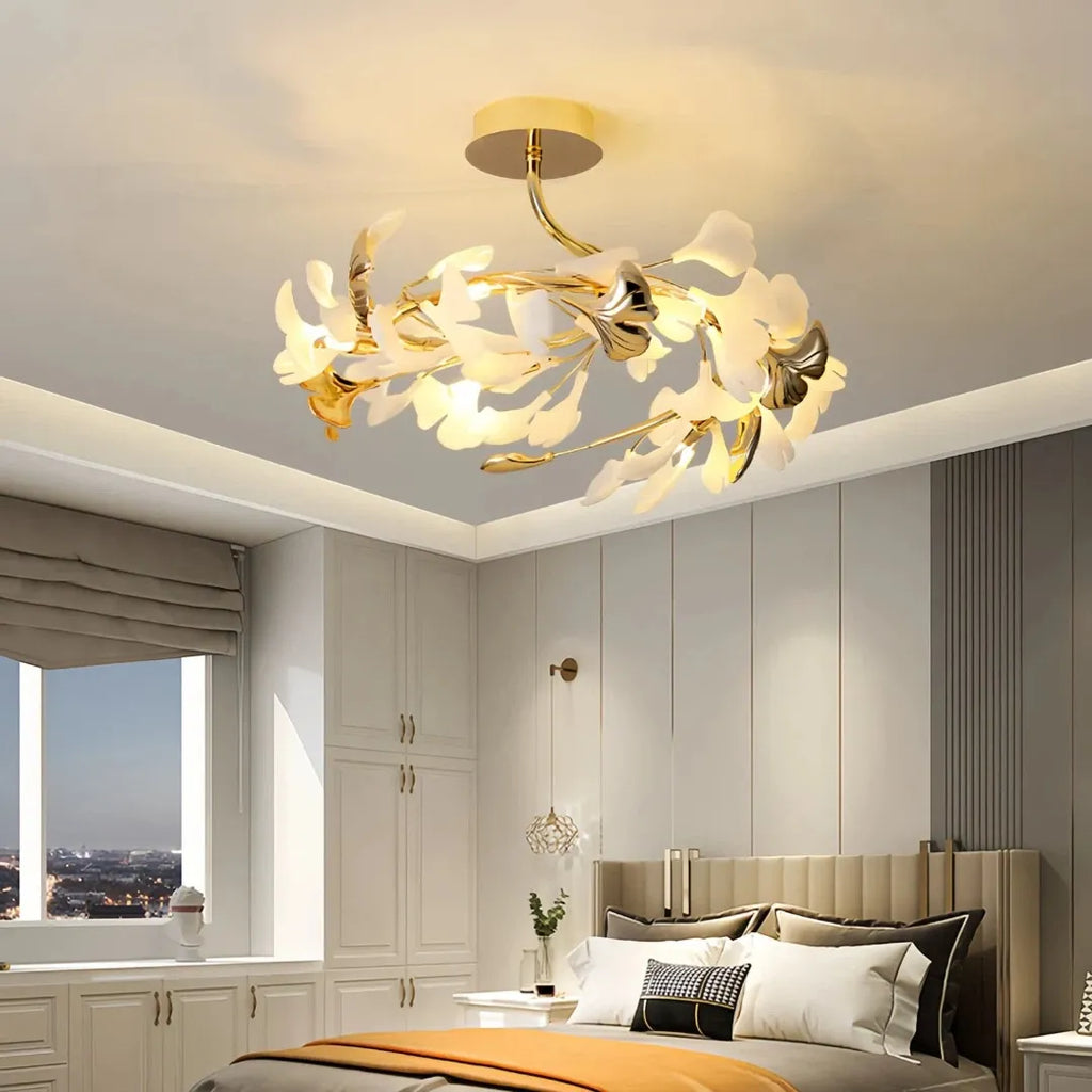 Luksuriøs ginkgo-loftslampe i messing og keramik til stuen, antirefleks | boxzora