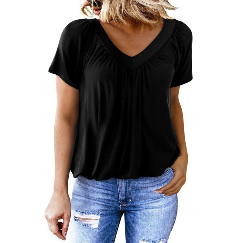 T-shirt col V & manches courtes – Couleur unie, féminité revisitée