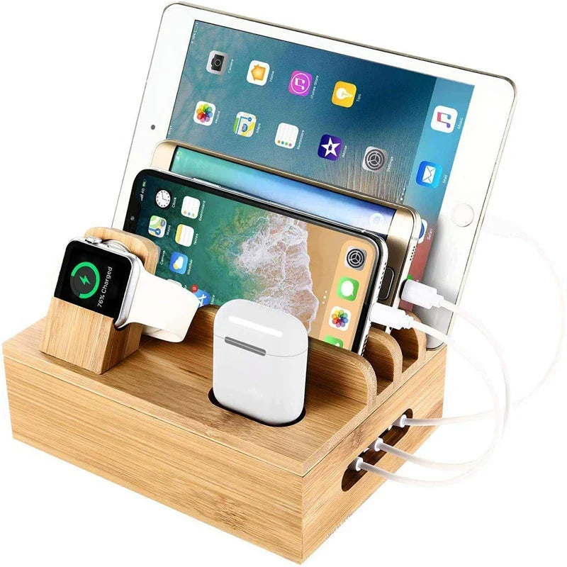 Tekavo bambusladestation med 5 USB-porte – organizer og kabelsæt