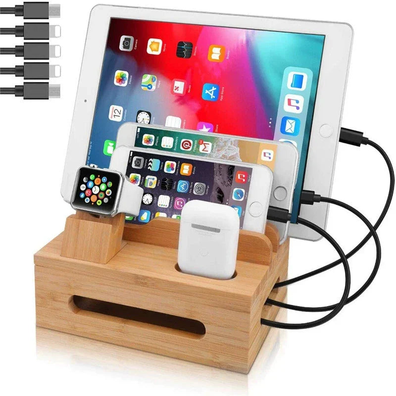 Tekavo bambusladestation med 5 USB-porte – organizer og kabelsæt
