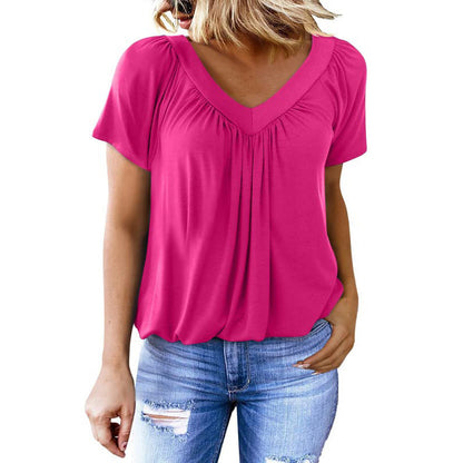 T-shirt col V & manches courtes – Couleur unie, féminité revisitée