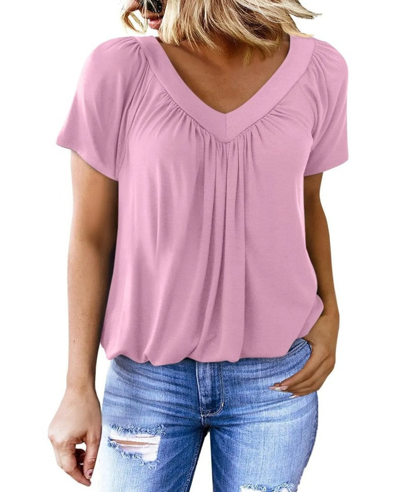 T-shirt col V & manches courtes – Couleur unie, féminité revisitée
