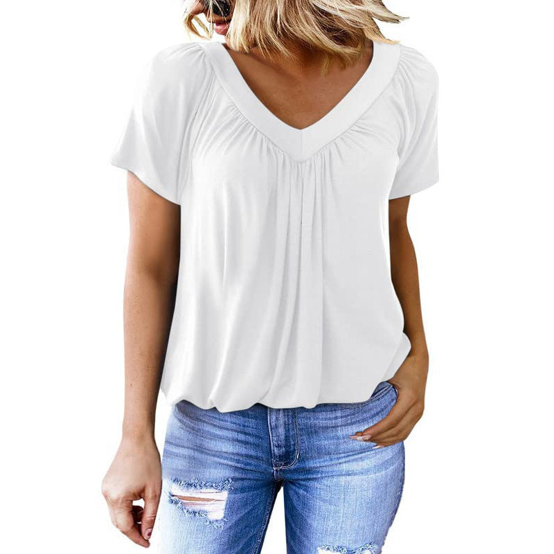 T-shirt col V & manches courtes – Couleur unie, féminité revisitée