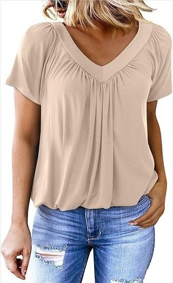 T-shirt col V & manches courtes – Couleur unie, féminité revisitée