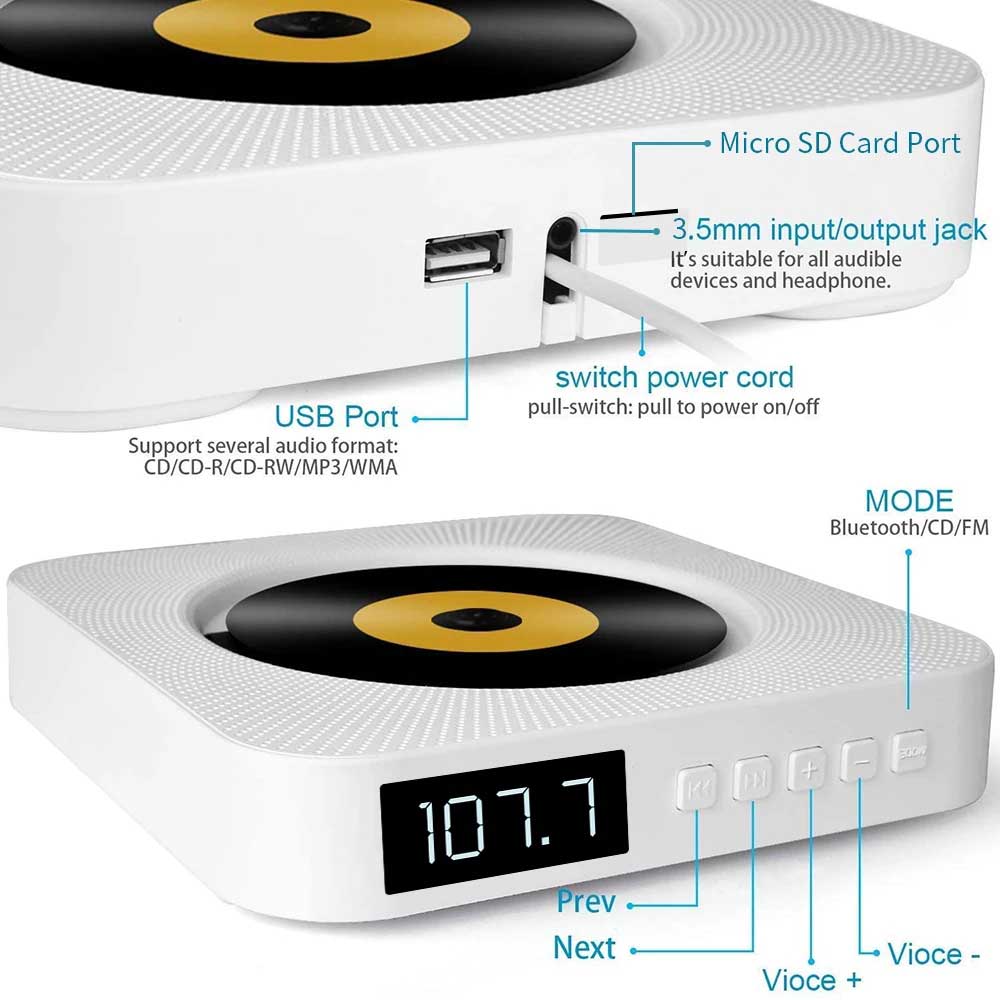 Przenośny odtwarzacz CD — dźwięk Bluetooth, wejście USB, radio FM, biały