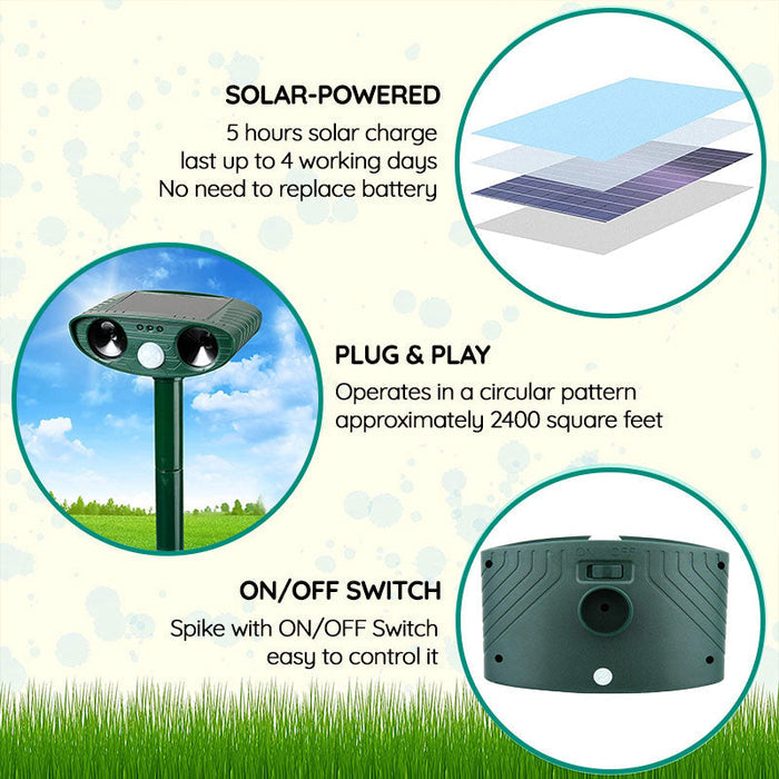 Solar Powered Ultrasonic Animal Repeller — Automated Sonic Deterrent, Clearing Deer, Mice, Squirrels & Reptiles