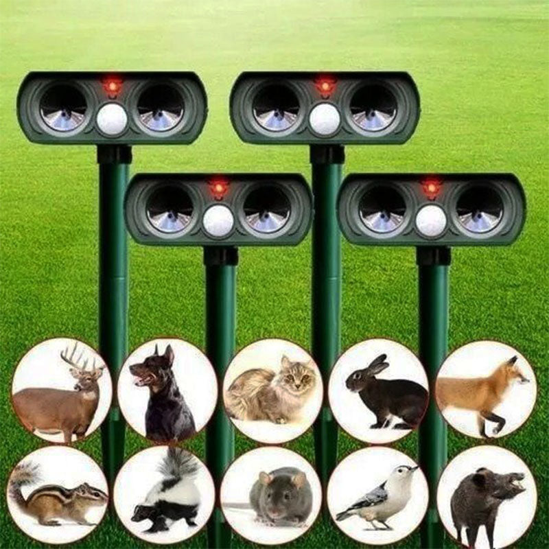 Solar Powered Ultrasonic Animal Repeller — Automated Sonic Deterrent, Clearing Deer, Mice, Squirrels & Reptiles