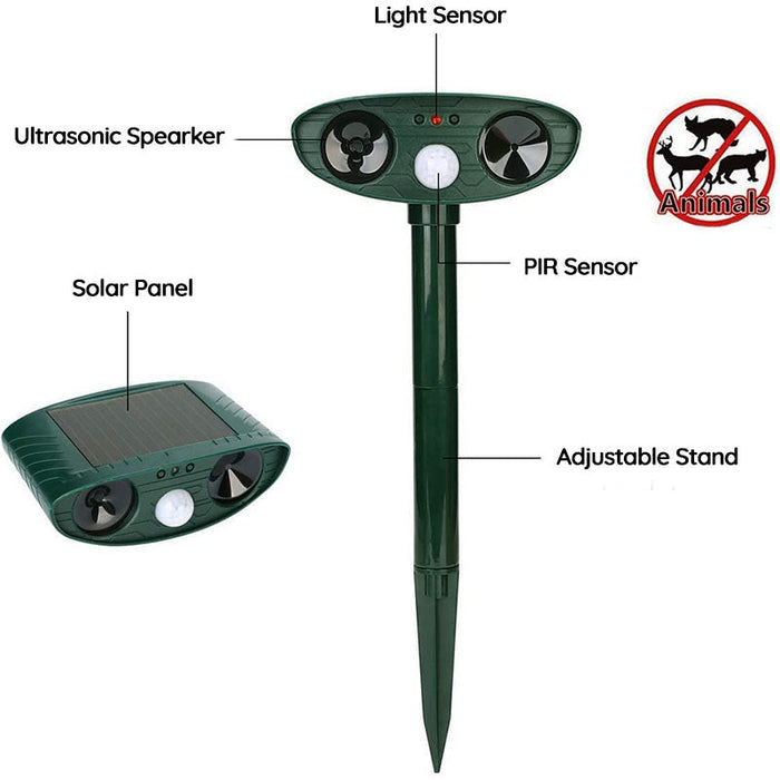 Solar Powered Ultrasonic Animal Repeller — Automated Sonic Deterrent, Clearing Deer, Mice, Squirrels & Reptiles
