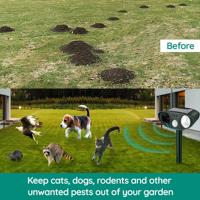 Solar Powered Ultrasonic Animal Repeller — Automated Sonic Deterrent, Clearing Deer, Mice, Squirrels & Reptiles