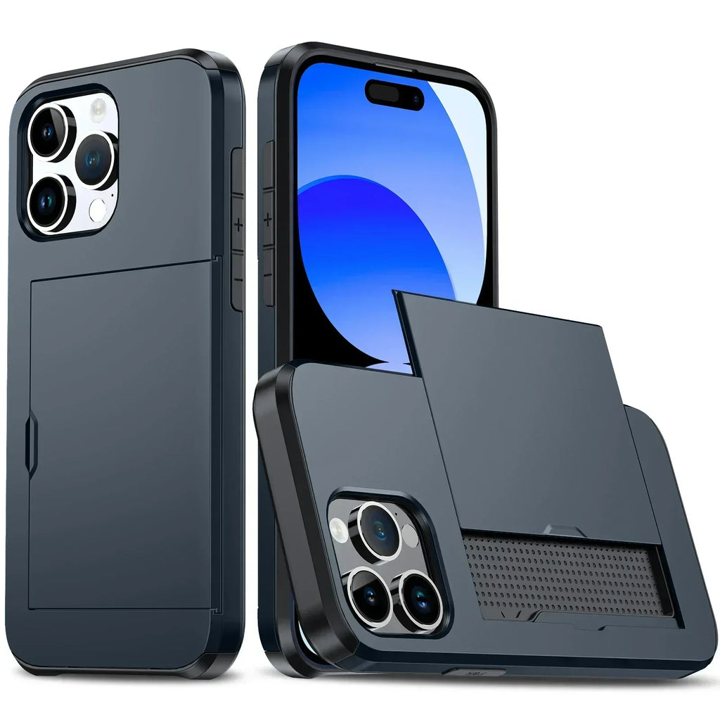 Capa fina para iPhone LuxShield — bolso para cartão, proteção e design elegante