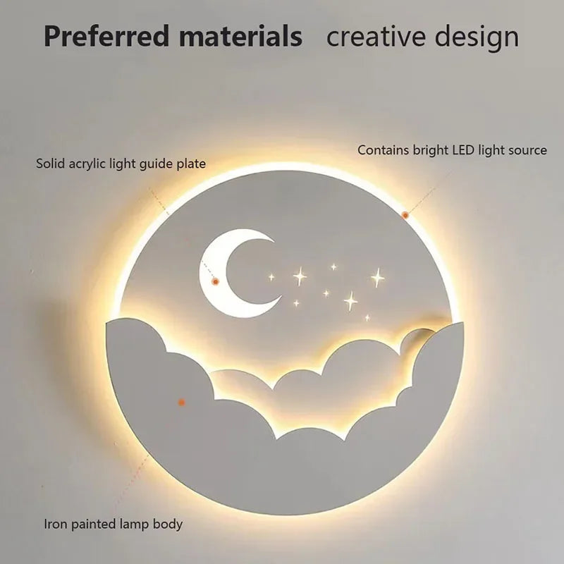 Lámpara de pared LED con diseño de luna y estrella – Iluminación ambiental nocturna